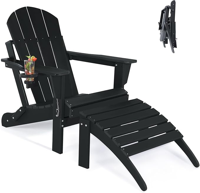 Folding Adirondack Chair with Footrest - Outdoor Weather Resistant Plastic Adirondack Chairs with Detachable Ottoman, Stackable Seating with Cup Holder for Patio (Seat Width 20", Black)