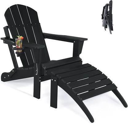 Folding Adirondack Chair with Footrest - Outdoor Weather Resistant Plastic Adirondack Chairs with Detachable Ottoman, Stackable Seating with Cup Holder for Patio (Seat Width 20", Black)