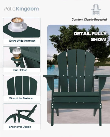 Green 6-Piece Folding Adirondack Chair Set with Cup Holders, Ottomans, Side Table & Beige 9FT Patio Umbrella with Base, HDPE Outdoor Chairs