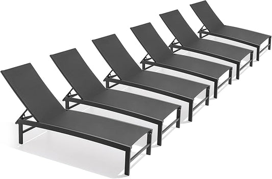 Chaise Lounge Chair, Set of 6 Outdoor Recliner Lounge Chair Sun Loungers, All Weather Chaise with 5 Adjustable Backrest and Lay Flat Positions for Garden, Balcony, Pool, Black