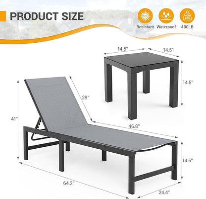 UDPATIO Outdoor Chaise Lounge Chair Set of 2 with Table Pool Lounge Chairs for Outside, Adjustable Lounger for Poolside Lawn Deck Lay Flat Sunbathing Backrest for Patio, Beach, Yard(Grey)