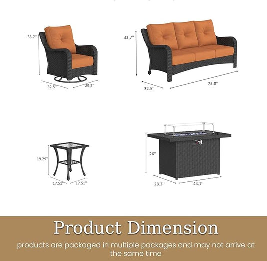 5 Piece Patio Furniture Set with Fire Pit Table, All-Weather Wicker Outdoor Conversation Set with Swivel Rocking Chair and 6 Inch Thick Cushions