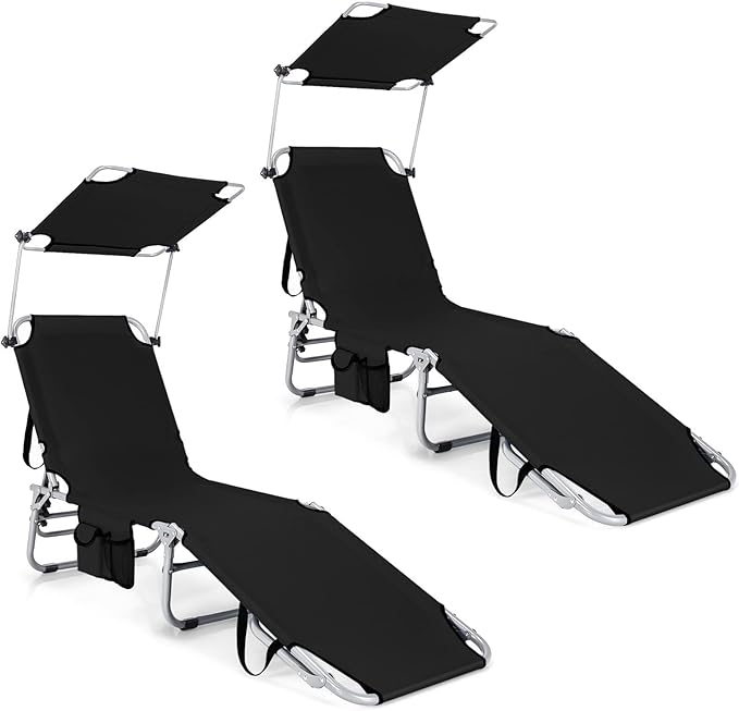 COSTWAY Set of 2 Tanning Chairs with Canopy, Foldable Chaise Lounge with Adjustable Backrest & Side Pocket, Beach Lounge Chair for Seaside, Pool, Patio (Black)
