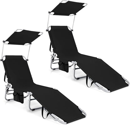 COSTWAY Set of 2 Tanning Chairs with Canopy, Foldable Chaise Lounge with Adjustable Backrest & Side Pocket, Beach Lounge Chair for Seaside, Pool, Patio (Black)