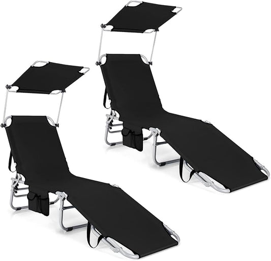 COSTWAY Set of 2 Tanning Chairs with Canopy, Foldable Chaise Lounge with Adjustable Backrest & Side Pocket, Beach Lounge Chair for Seaside, Pool, Patio (Black)