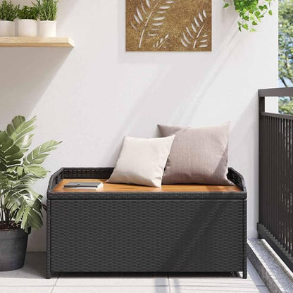 Outdoor Storage Bench 39.4" Acacia Wood Top UV-Resistant Rattan Seat 242.5 lb Capacity Black Modern Patio Bench for Garden Balcony Porch