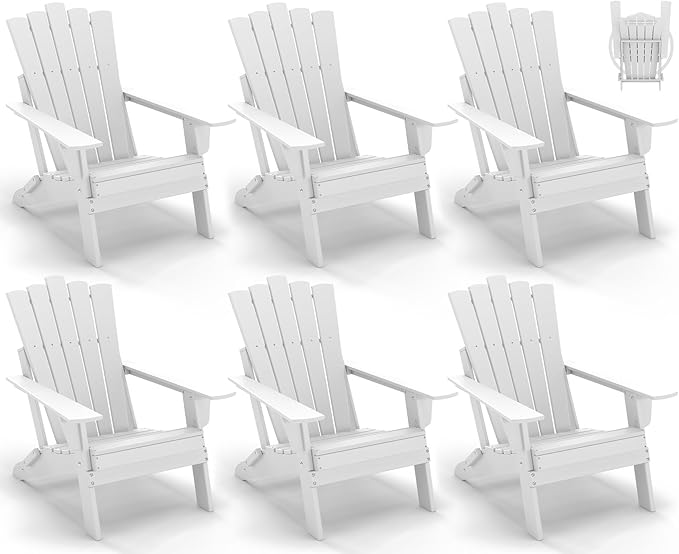 GREENVINES Folding-Adirondack-Chairs-Set-of-6 | HDPE Plastic | Throne Series | Fire Pit Chair | All Weather | for Outdoor Patio Deck Backyard Poolside | White