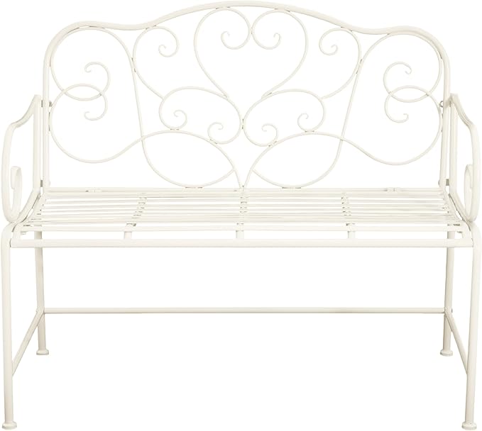 Outdoor Garden Bench, Iron Frame Patio Bench Furniture with Floral Design Backrest for Lawn, Park, Deck, White