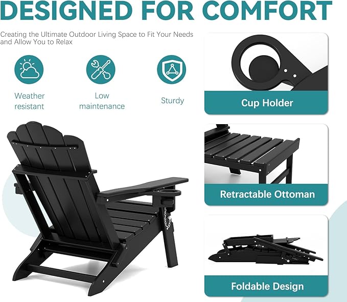 FOOWIN Adjustable Adirondack Chair with Retractable Ottoman, Folding Adirondack Chair with Cup Holder, HDPE All-Weather Fire Pit Chair for Patio, Yard, Poolside, Black