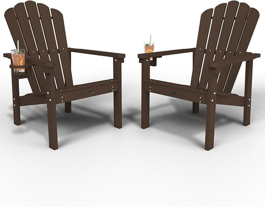 Stackable Adirondack Chair Set of 2, HDPE All-Weather Adirondack Chairs - Durable and Space Saving, Plastic Outdoor Fire Pit Chairs with Cup Holder,Brown