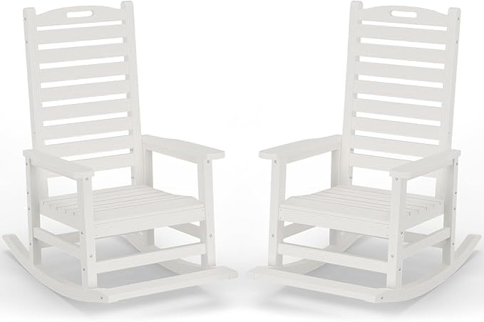 PLUUV Outdoor Rocking Chair Set of 2 with Removable Footboard for Adults, HDPE High Back Patio Rocking Chairs, 330lbs All Weather Porch Rocking Chairs for Outdoor & Indoor -White