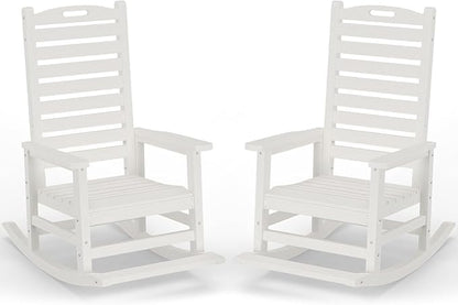 PLUUV Outdoor Rocking Chair Set of 2 with Removable Footboard for Adults, HDPE High Back Patio Rocking Chairs, 330lbs All Weather Porch Rocking Chairs for Outdoor & Indoor -White