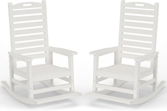 PLUUV Outdoor Rocking Chair Set of 2 with Removable Footboard for Adults, HDPE High Back Patio Rocking Chairs, 330lbs All Weather Porch Rocking Chairs for Outdoor & Indoor -White