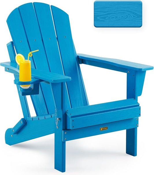 Folding Adirondack Chair, Patio Chair Weather Resistant, Outdoor Chair Wood Texture, Lawn Chair with Cup Holder, Fire Pit Chair for Deck,Outdoor,Porch,Backyard,Garden (Pacific Blue)