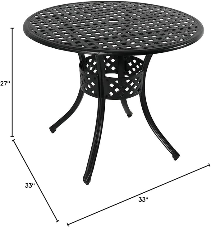 Sunnydaze Decorative Lattice Cast Aluminum Patio Dining Table with Umbrella Hole - 33-Inch Diameter - Black - Photo 3
