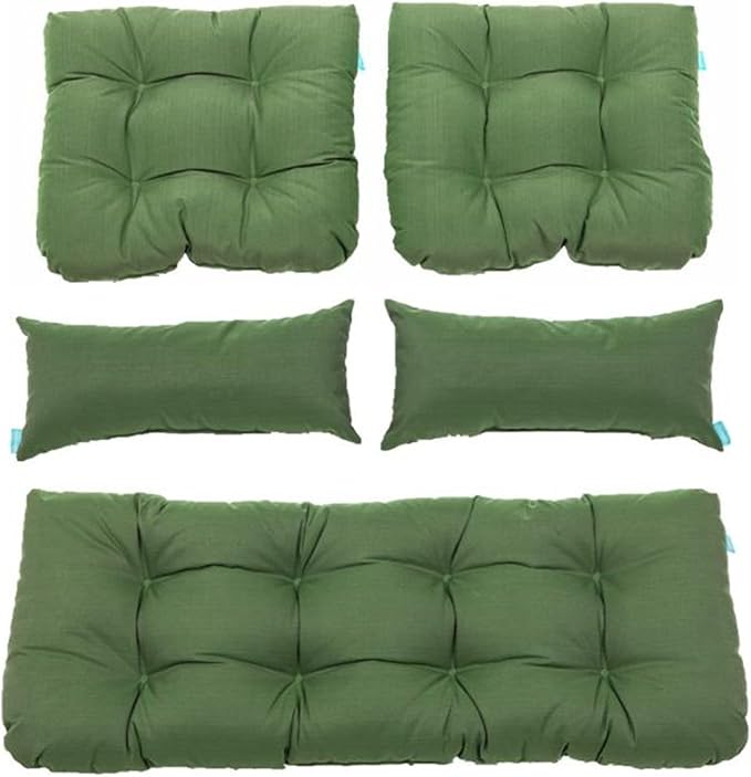 QILLOWAY Outdoor Patio Wicker Seat Cushions Group Loveseat/Two U-Shape/Two Lumbar Pillows for Patio Furniture,Wicker Loveseat,Bench,Porch,Settee of 5 (Dark Green)