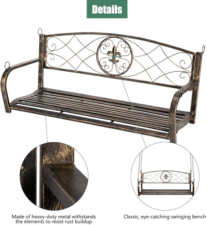 Porch Swing Hanging Bench Metal Porch Swing Outdoor Patio Furniture Iron Swing Chair Heavy Duty Steel Black Porch Swing Hanging Chair Porch Swings for Garden, Yard, Deck, Backyard(Not Included Stand)