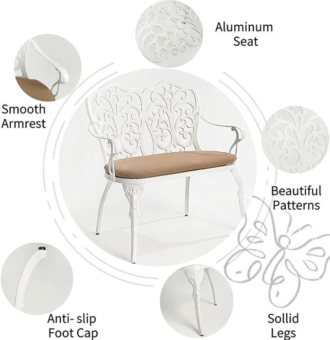 Patio Aluminum Outdoor Bench with Soft Cushion, Garden Metal Loveseat Furniture, Vintage Carving White Front Porch Chair Seat