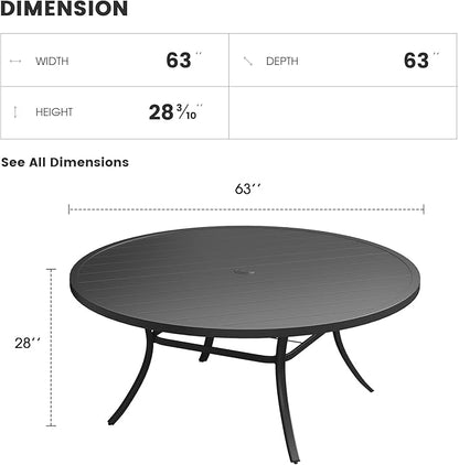 Patio Dining Table for 8-10, Round Metal Outdoor Table with 1.57" Umbrella Hole, 63" Outdoor Slat Tabletop Dining Table for Backyard, Porch, Lawn, Black