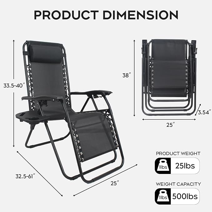 Set of 2 Adjustable Zero Gravity Lounge Chairs Outdoor Recliner w/Cup Holder Tray & Removable Pillows - Photo 2