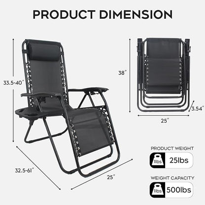 Set of 2 Adjustable Zero Gravity Lounge Chairs Outdoor Recliner w/Cup Holder Tray & Removable Pillows, Ergonomic Reclining Chair for Camping Patio Lawn Balcony (Black)