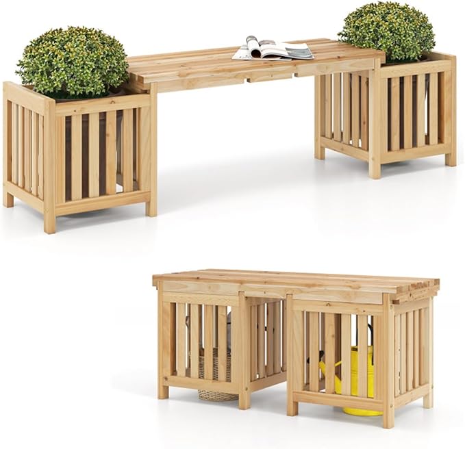 Wooden Garden Bench with Planter Boxes, Outdoor Patio Seat with Built-in Flower Pots, Rustic Elevated Planter Bench for Yard, Lawn, Backyard Seating & Gardening, Wooden Garden Benches with Planters