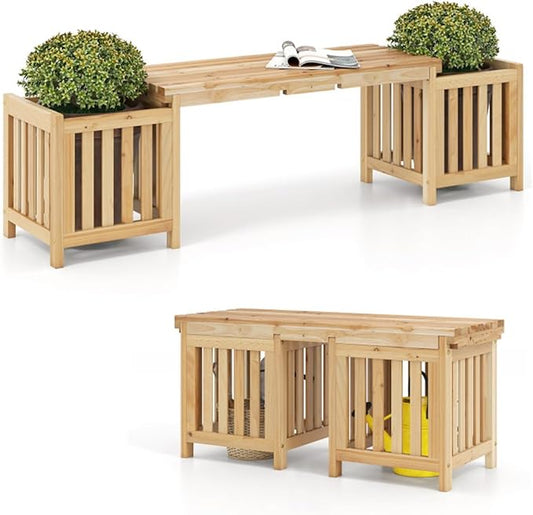 Wooden Garden Bench with Planter Boxes, Outdoor Patio Seat with Built-in Flower Pots, Rustic Elevated Planter Bench for Yard, Lawn, Backyard Seating & Gardening, Wooden Garden Benches with Planters
