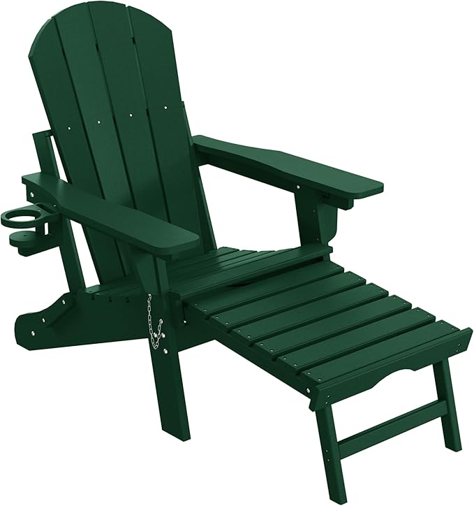 WestinTrends Malibu Folding Adjustable Adirondack Chair with Retractable Ottoman and Cup Holder (Set of 2), Dark Green