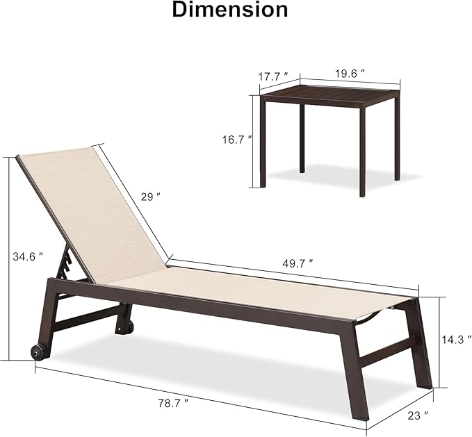 PURPLE LEAF Chaise Lounge Outdoor Set 4 Pieces Sturdy Aluminum Outdoor Chaise Lounge Chair for Pool Outside Lawn Patio Lounger with Breathable Textilene Fabric, Cream