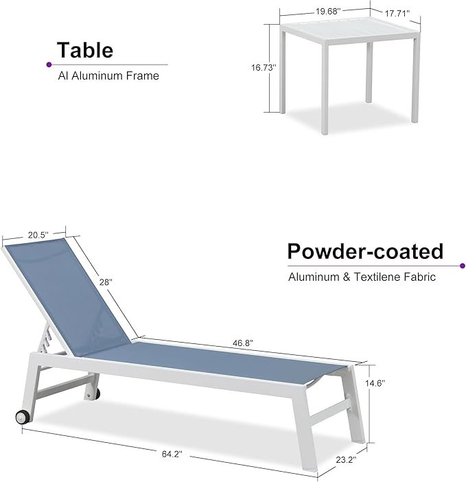 PURPLE LEAF Patio Lounge Chair 2 Pieces White Aluminum Outdoor Chaise Lounge for Pool Backyard Beach with Wheels and Table, Indigo