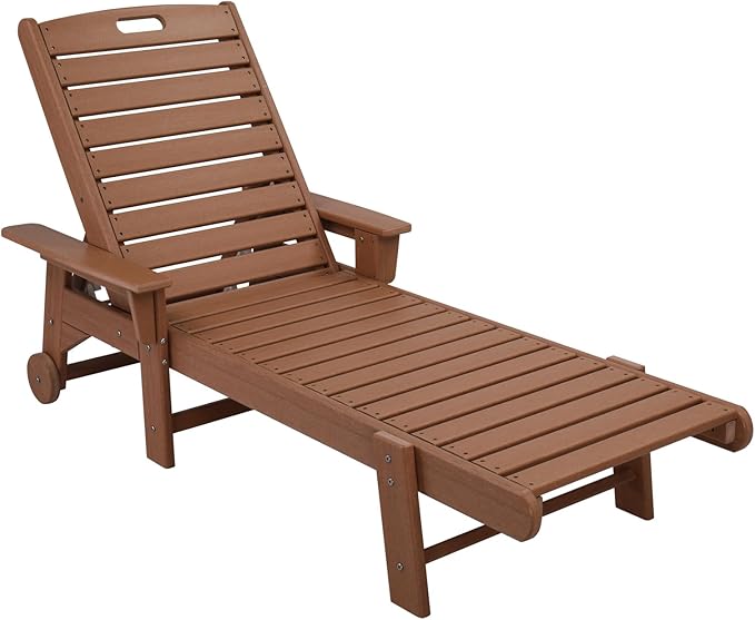 VINGLI HDPE Outdoor Chaise Lounge Chair with Wheels, Patio Lounge Chairs with 5-Position Adjustable Backrest, Chaise Lounge for Outside Pool Poolside Deck Backyard Lawn (Teak)