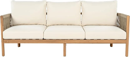 Christopher Knight Home Havets 77"W Outdoor 3 Seater Sofa, 6" Thick Cushion Couch, Acacia Wood Bench Sofa, Comfy Woven Rope Armchair, Spacious Seating Bench Couch for Backyard Garden Porch, Teak+Beige