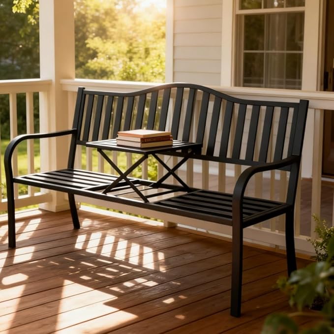 SHGJ&SOFT Outdoor Bench, Garden Bench,Outdoor Metal Frame Patio Park Bench with a Small Table,for Porch, Lawn,Garden,Yard (BK-04)
