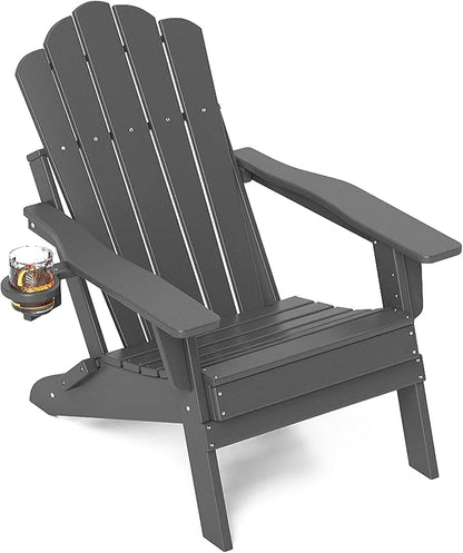 FOOWIN Adirondack Chair, Folding HDPE Patio Chair with Cup Holder, 400LBS Heavy Duty Plastic Outdoor Chair for Fire Pit, Porch, Balcony, Deck, Weather Resistant, Grey