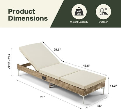 HOMREST Outdoor Chaise Lounge Chair Set of 6, Patio Wicker Lounge Chair with Adjustable Backrest, Rattan Pool Recliner with Removable Cushion Suitable for Outside Khaki