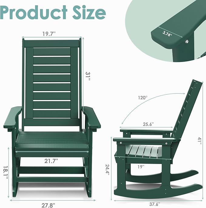 IVY&LANE Outdoor Rocking Chairs Set of 4 | Porch-Rockers | Forest | HDPE Plastic | All-Weather | High Back | Wide Seat | Oversized Patio Rocker for Adult | for Outside Deck Balcony Garden