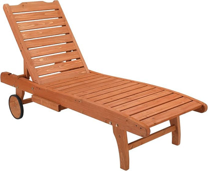 Outvita Outdoor Wooden Chaise Lounge Chair, 62" Longer Sun Lounger Recliner with Adjustable Backrest and Wheels, for Beach Poolside Deck Porch Garden