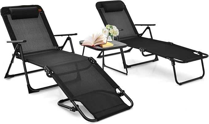 Tangkula 3-Piece Folding Outdoor Chaise Lounge Chair Set, 2 Recliner Chairs & 1 Patio Bistro Table w/Adjustable Backrest - Photo 1
