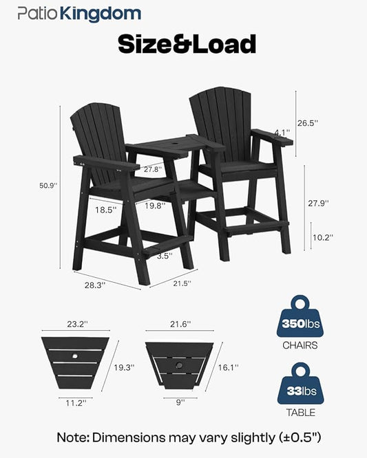 Tall Adirondack Chairs Set of 2 with Removable Tray, HDPE Bar Height Adirondack Bar Stools, High Back Patio Chairs for Balcony, Deck, Lawn, Backyard, All-Weather Outdoor Furniture, Black