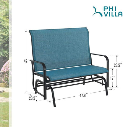 PHI VILLA Outdoor Glider Rocking Bench Chair Clearance for 2 Person, Patio Loveseat Gliders with 42" High Back for Outside Lawn Garden Deck, Blue