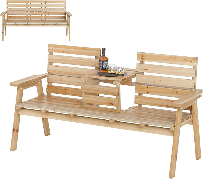 HAPPYGRILL Outdoor Fir Wood Bench with Foldable Middle Table, 2-3 Person Patio Garden Bench with Armrests and Backrests, Wooden Loveseat Chair with 710lbs Capacity (Natural)