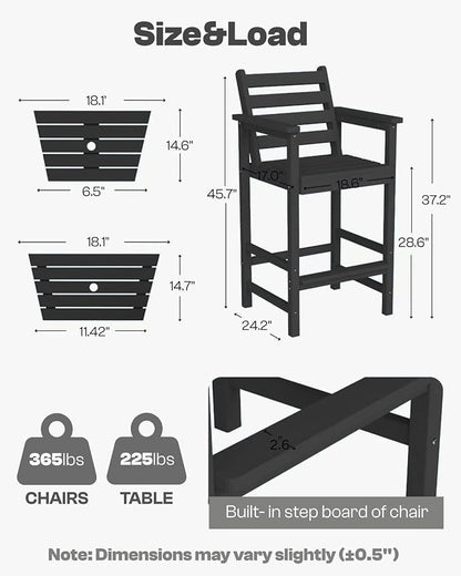 Tall HDPE Adirondack Bar Chairs Set of 2, Outdoor Balcony Bar-Height Chairs with Extra-Large Side Trays & 2" Umbrella Hole, All-Weather Patio Stools for Porch, Deck, Garden (Black, 2chair)