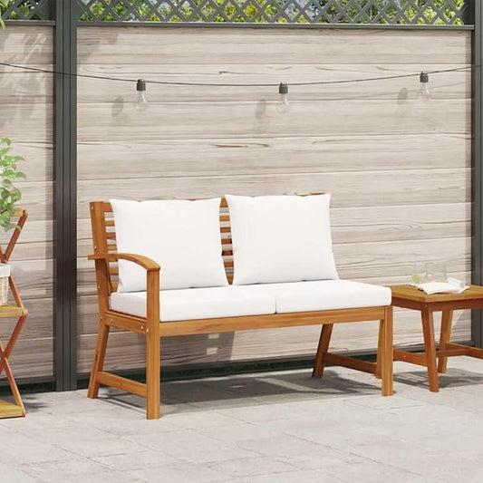 Cream Garden Bench Solid Acacia Wood with Polyester Cushions for Outdoor Patio Seating Comfortable Two-Person Furniture Rectangular Design