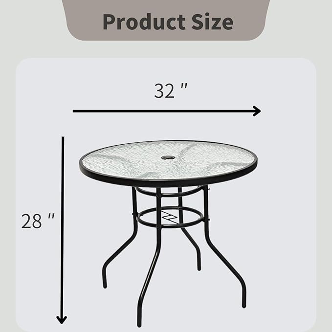 32 Inch Round Outdoor Coffee Table, All-Weather Bistro Table with Steel Frame & Tempered Glass, Dining Table for Backyard, Sunroom, Balcony, Lawn, Pool