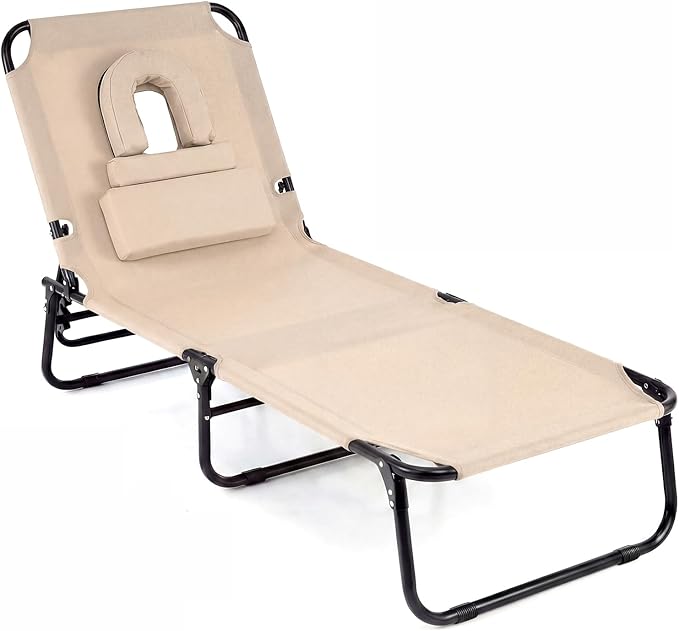 COSTWAY Tanning Chair with Face Hole, Pillows & Adjustable Backrest, Folding Chaise Lounge for Sunbathing, Beach - Photo 1