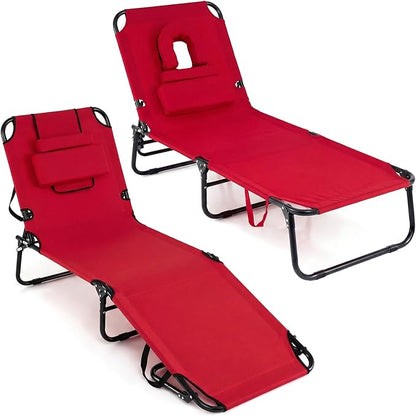 COSTWAY Tanning Chair with Face Hole, Pillows & Adjustable Backrest, Portable with Carrying Bag, Folding Beach Chaise Lounge for Sunbathing, Seaside (2, Red)