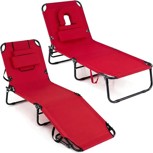 COSTWAY Tanning Chair with Face Hole, Pillows & Adjustable Backrest, Portable with Carrying Bag, Folding Beach Chaise Lounge for Sunbathing, Seaside (2, Red)