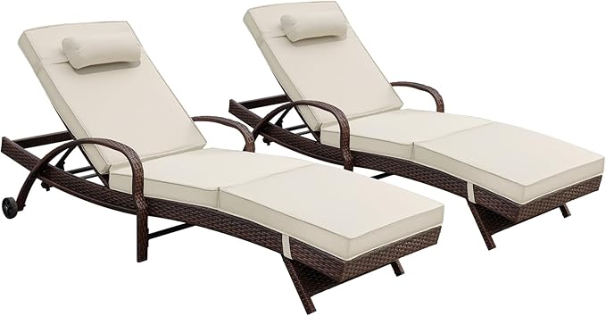 NOBLEMOOD Outdoor Lounge Chairs Set of 2 Wicker Chaise Lounge with Wheels, Cushion, Adjustable Backrest for Outside Pool Sun Shelf Tanning Bathing (Khaki)