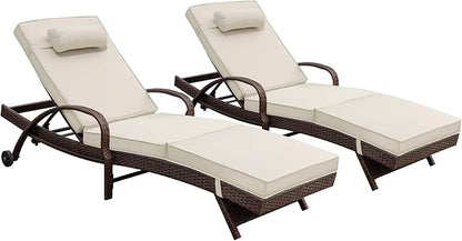 NOBLEMOOD Outdoor Lounge Chairs Set of 2 Wicker Chaise Lounge with Wheels, Cushion, Adjustable Backrest for Outside Pool Sun Shelf Tanning Bathing (Khaki)