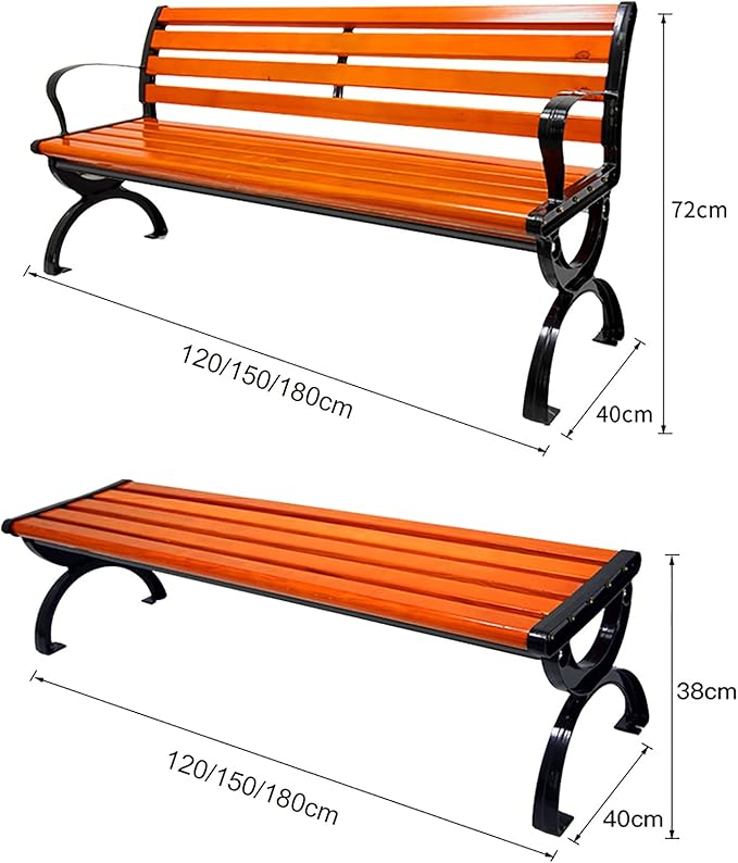 Outdoor Patio Garden Bench Park Bench, Metal Steel Frame and Anticorrosive Solid Wood Seat, Weather-Resistant Leisure Porch Chair, The Load Capacity is 880 Pounds